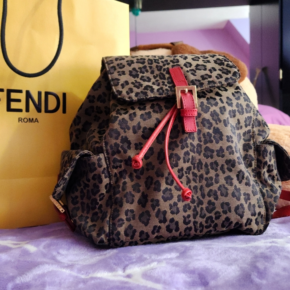 Fendi Leopard Print Backpack with Red Accents